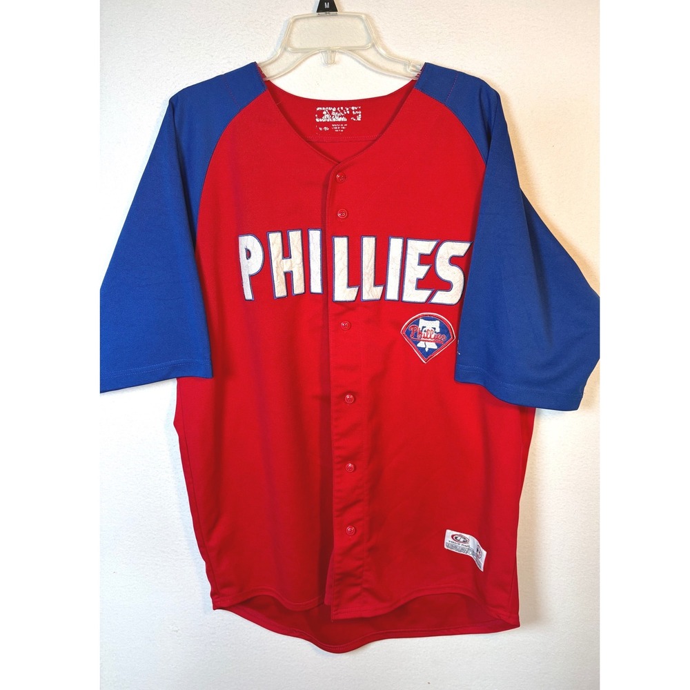 True Fan Phillies Baseball Jersey Mens XL Red Good Button Up Raglan Mesh
